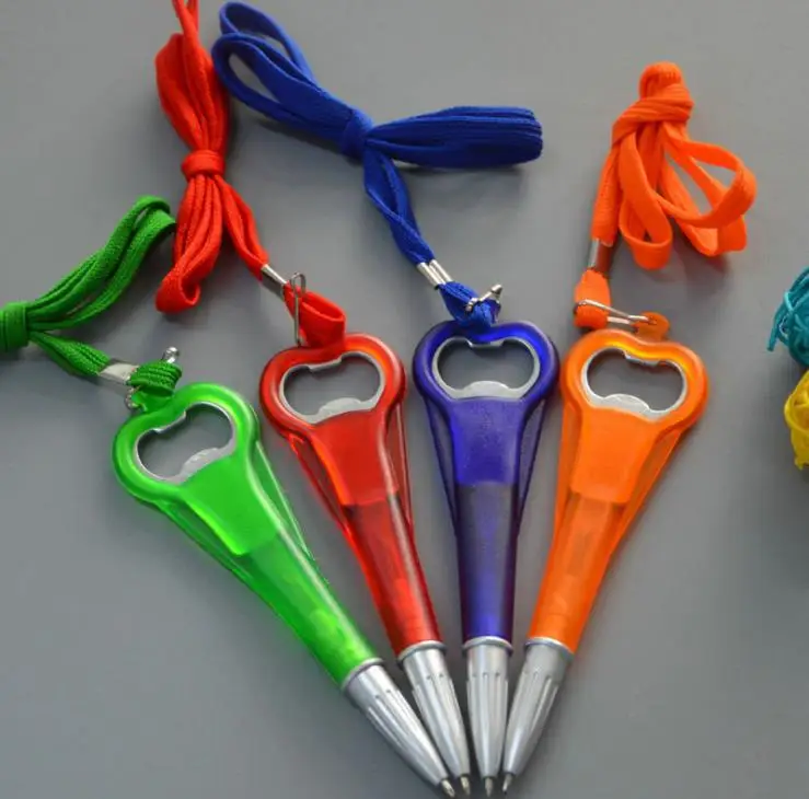 Bottle Opener Pen with String 2 in 1 Beer Wine Openers Pen Plastic with String Short Ballpoint Pen SN3334