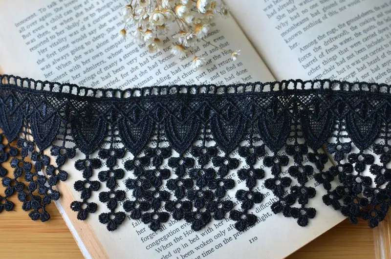 7CM Wide luxury Black Cotton Embroidered Lace Material Collar Neckline Tassel Fringe Ribbon DIY Dress Curtains Sewing Supplies