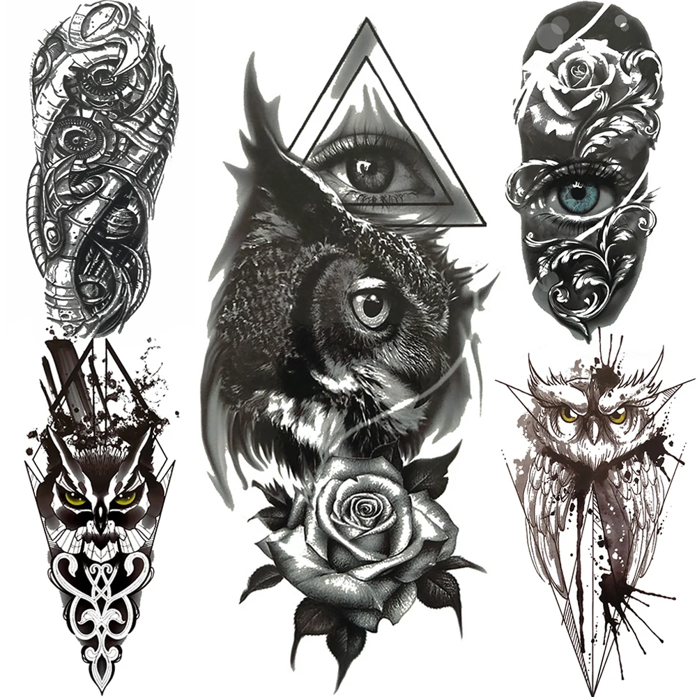 Owl Temporary Tattoo For Women Men  Black Mechanical Arm Unique Triangle Tattoos Totem Eyes Realistic Body Spray Fake Tatoo