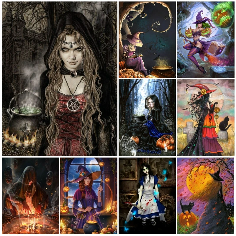 

5d Diamond Painting Halloween Witch Conjuring Up A Spell Mosaic Cross Stitch Art With Cat And Pumpkin Full Drills Decor For Home