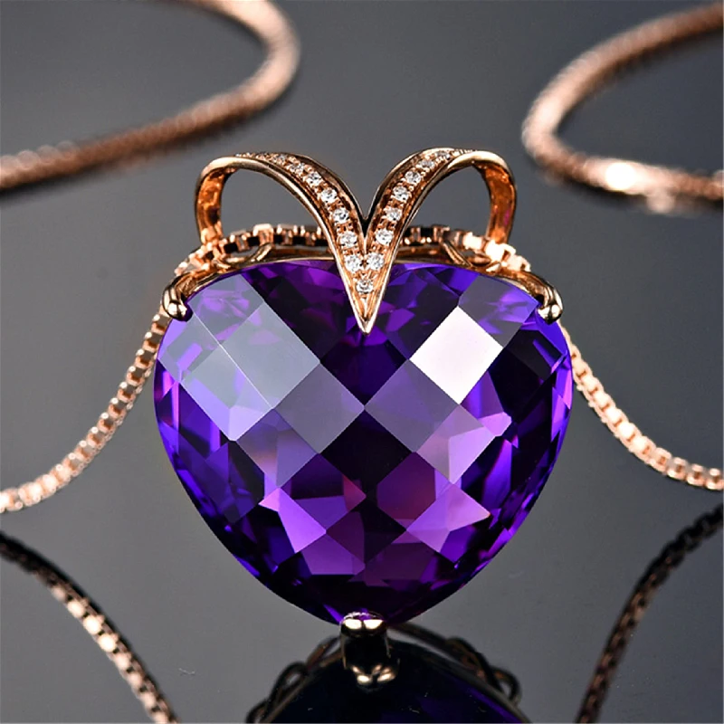 Fashion Women Necklace 925 Silver Jewelry Heart Shaped Amethyst Zircon Gemstones Pendant for Wedding Party Ornaments Rose Gold