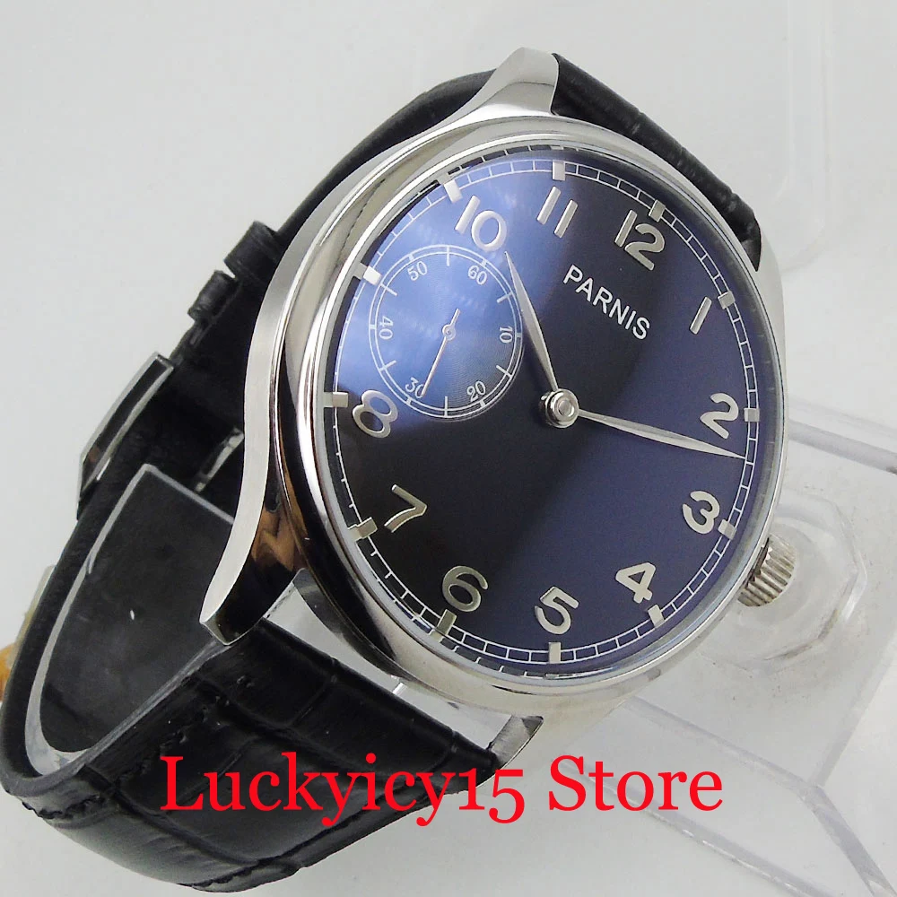 PARNIS Dress Mechanical 44MM 6497 Movement Hand Winding Men Wristwatch Black/White Dial Polished Bezel Leather Strap