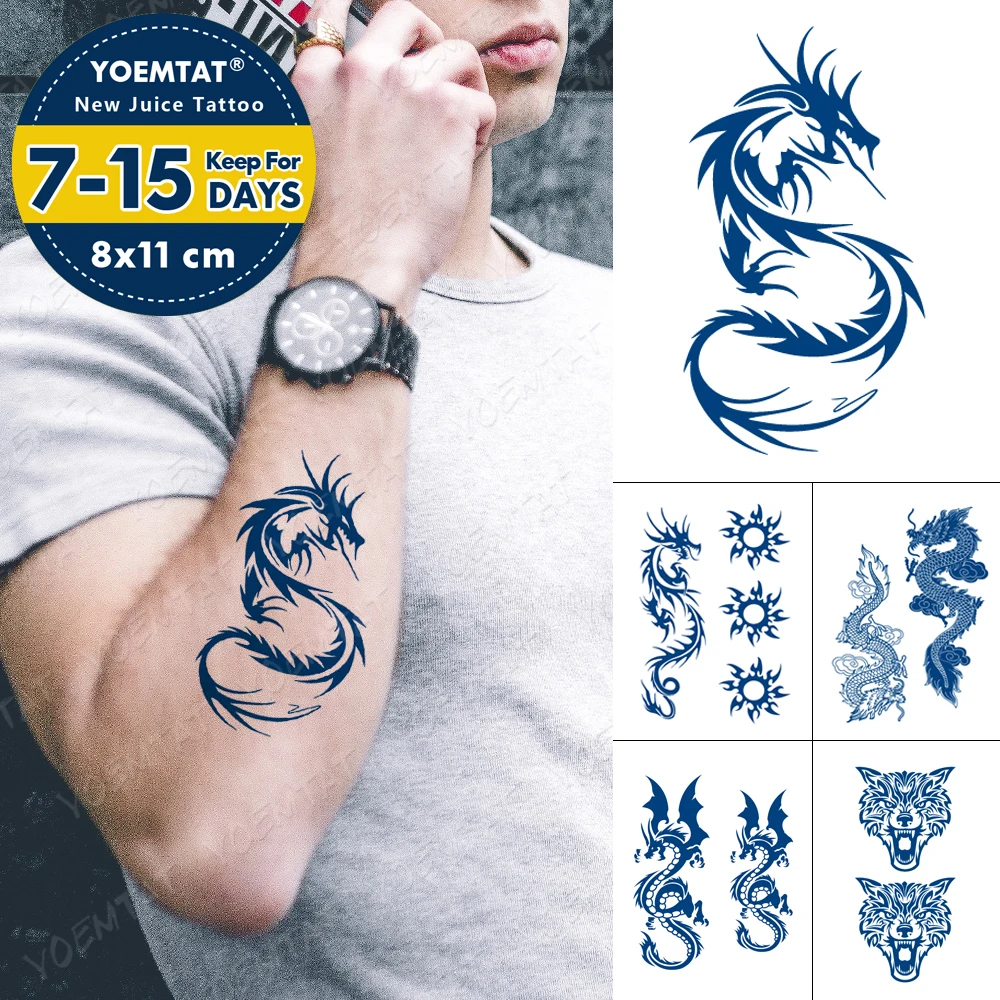 Juice Ink Lasting Waterproof Temporary Tattoo Sticker Dragon Sun Wolf totem Tattoos Wing Eagle Body Art Arm Fake Tatoo Women Men