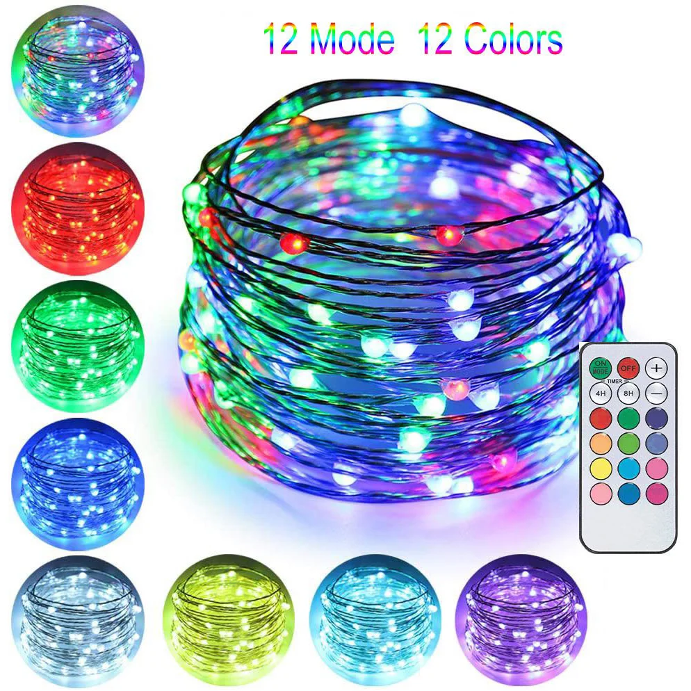 USB Powered LED Copper Wire Fairy String Lights 12 Modes 12 Colors Changing DIY String Lamp for Home Wedding Party Holiday Decor