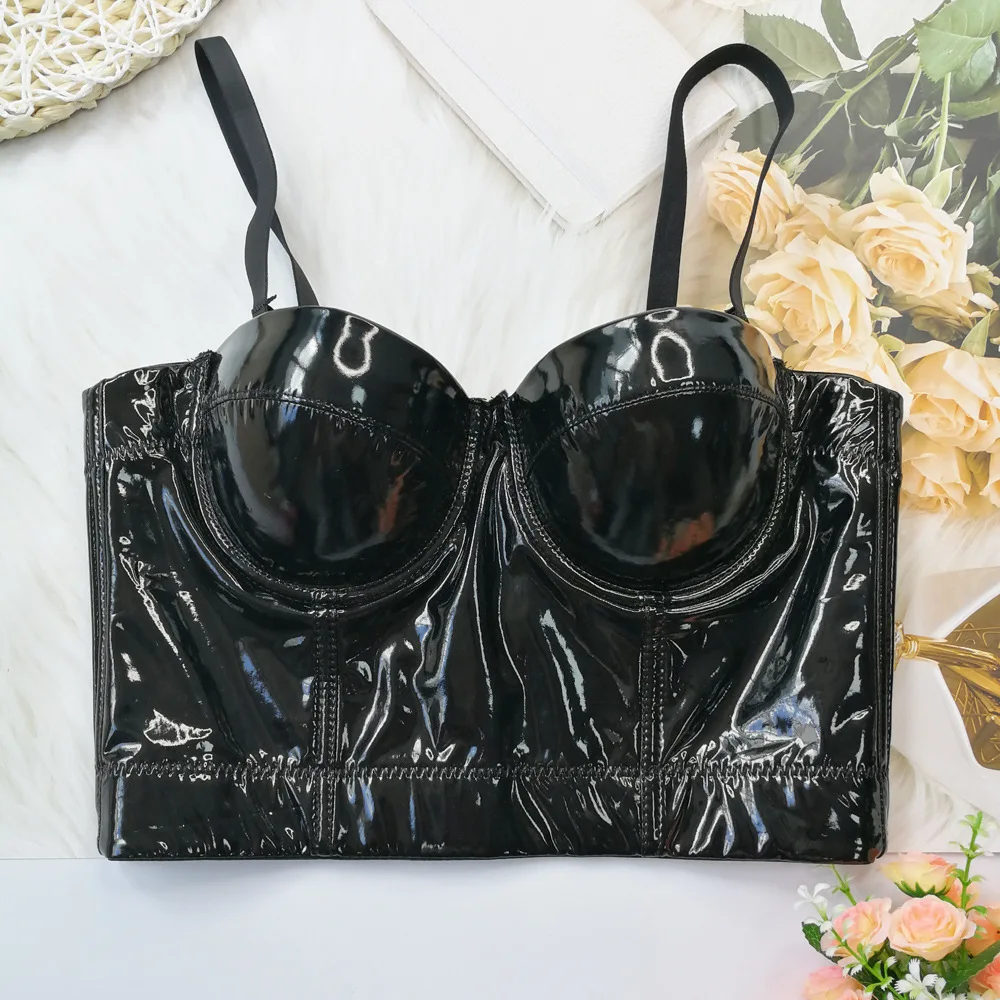 

Cupnaya однотонный глянцевый черный женский укороченный топ из искусственной кожи, сексуальный бюстье-корсет, камзол, бюстгальтер без косточек для болельщиков, жилет для танцев и девочек