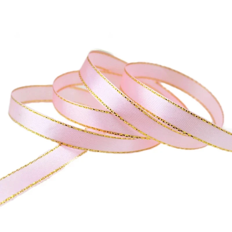 (25 Yards/roll) 6mm Gold Edged Single Face Satin Ribbon Wholesale Gift Packing Christmas Decoration Manual DIY Ribbons Fabric