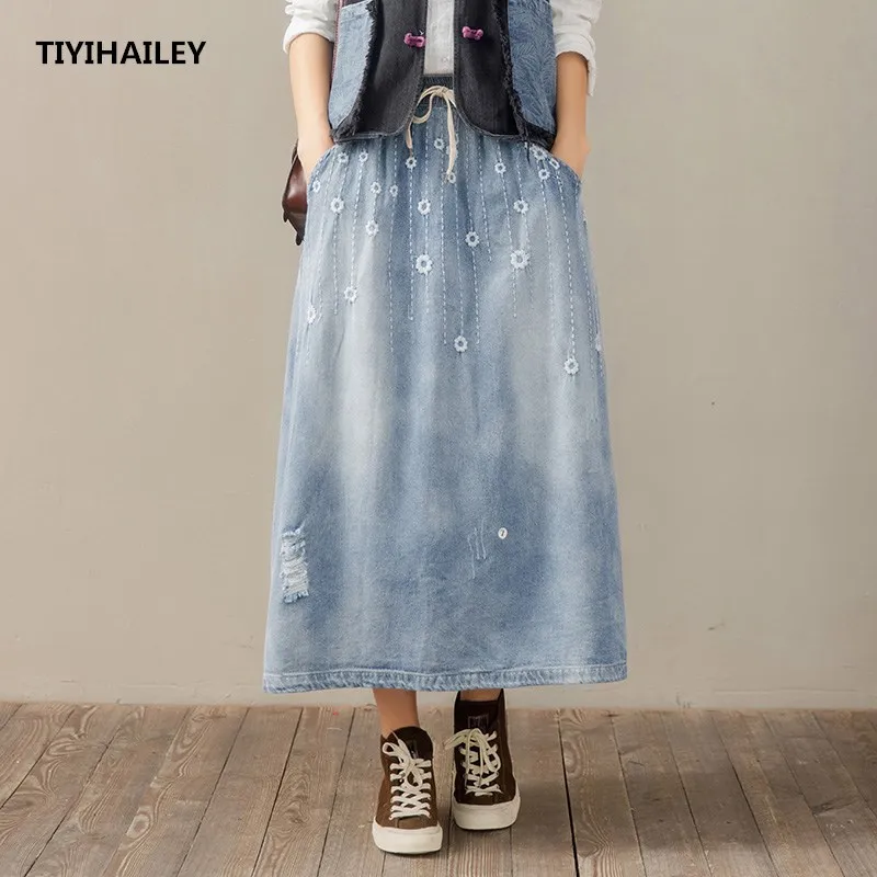 

TIYIHAILEY Free Shipping 2021 Long Maxi A-line Skirt Women Elastic Waist Spring And Autumn Denim Cotton Casual Embroidery Skirts