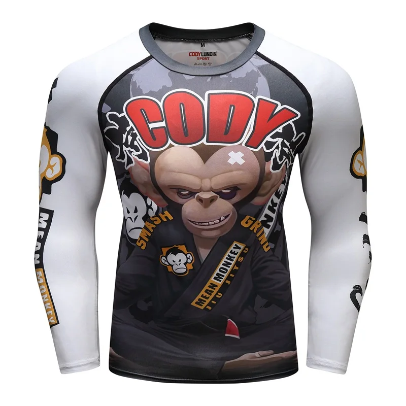 Monkey New Men\'s Compression Tight Skin T Shirt MMA BJJ Long Sleeves 3D Prints Rash Guard Fitness Base Layer Male Tops Wear