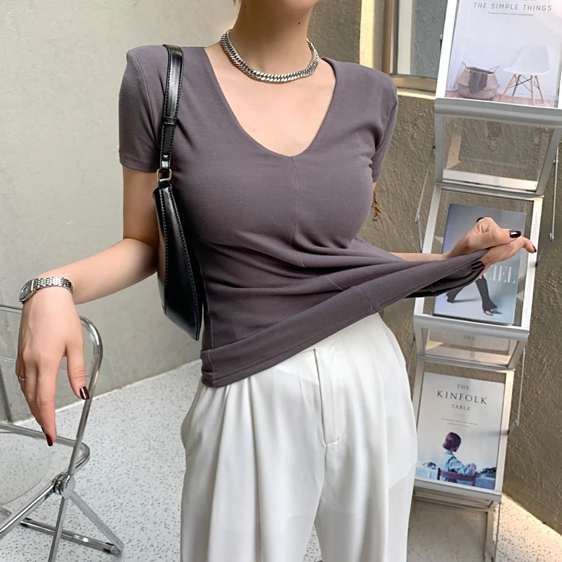 Casual Cotton V Neck Short Sleeve T-shirt Women Fashion Shoulder Pad Solid Color Summer Slim Tees Ladies Basic Elastic Tops