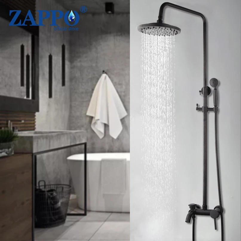 

ZAPPO Matte Black Bathtub Shower Mixer Faucet Wall Mount Bahtroom Rainfall Shower Head Hand Shower Square Bath Shower Set