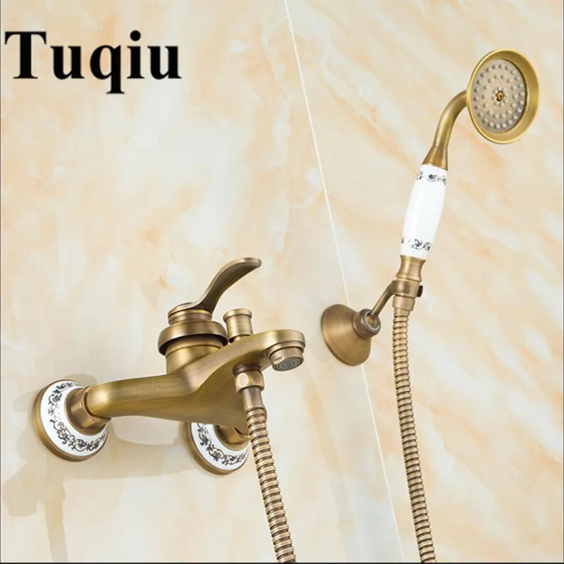 

Bathtub Faucets Antique Brass Shower Set Bathtub Mixer Tap Single Handle Dual Control Shower Wall Mounted For Bathroom