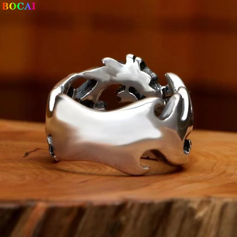 BOCAI S925 Sterling Silver Rings for Men and Women New Fashion Adjustable Personality Pure Argentum Hollow Out Dragon Jewelry