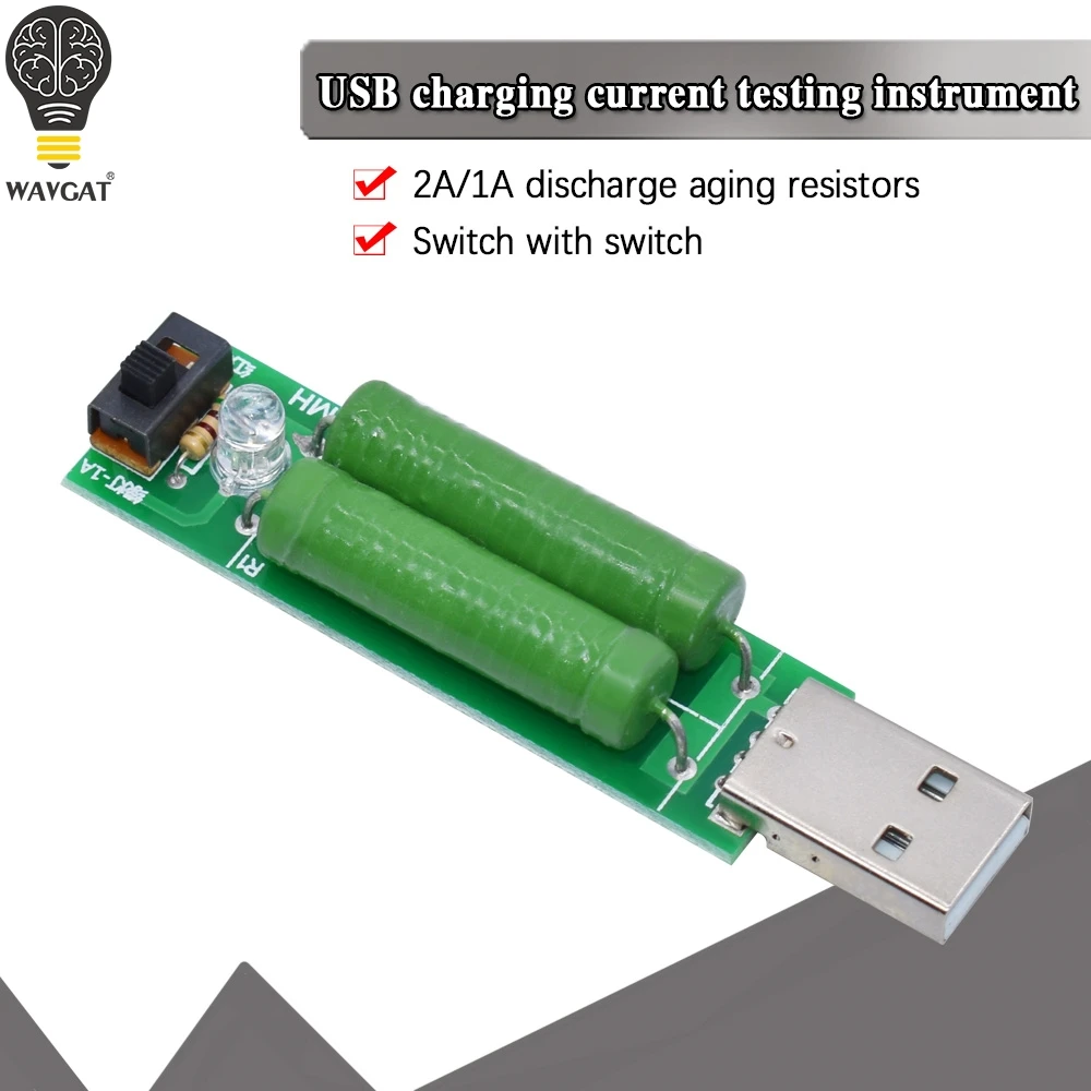 WAVGAT USB Port Mini Discharge Load Resistor Digital Current Voltage Meter Tester 2A 1A With Switch 1A Green Led 2A Red Led