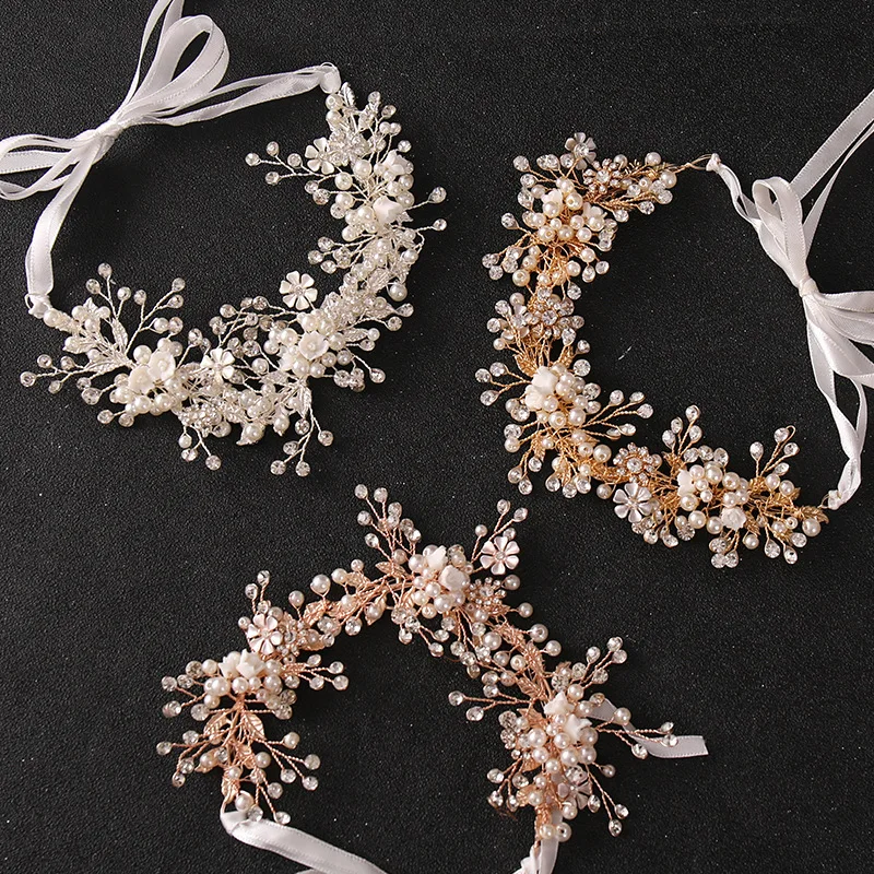 

Floralbride Handmade Rhinestone Crystal Pearls Porcelain Flower Bridal Headband Wedding Hair Vine Hair Accessories Women Jewelry