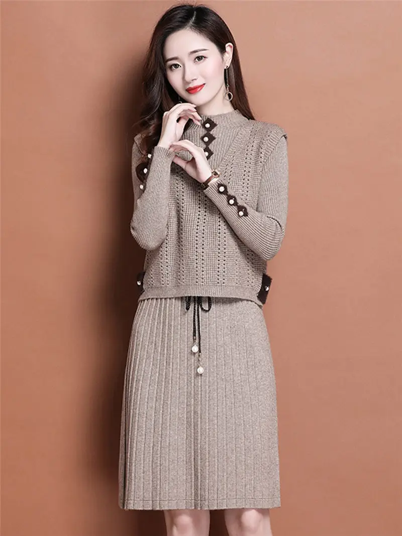 

Knitted Dress Women Spring and Autumn 2020 New Korean Temperament Thin Two-piece Suit Fashion Vest sweater Dress Outfit k1132