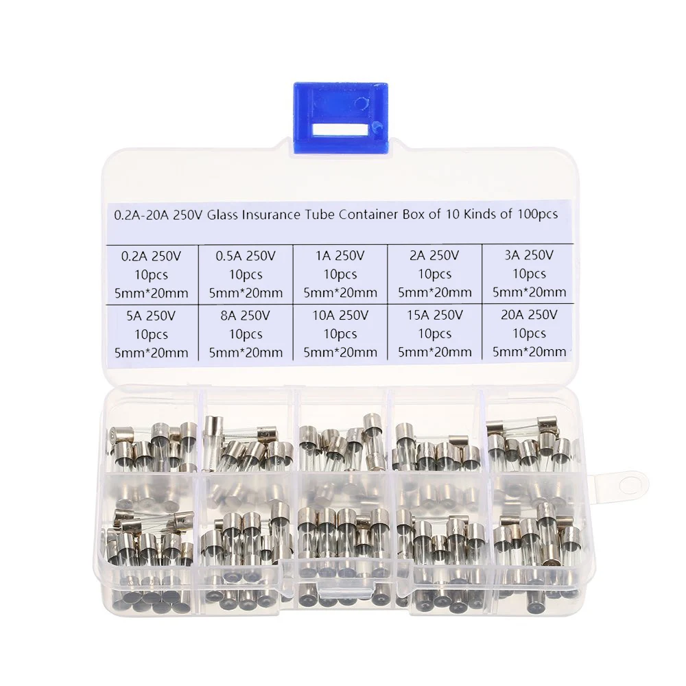 

100Pcs/Set 5x20mm Quick Blow Glass Tube Fuse Assorted Kits, Fast-blow Glass Car Fuses 0.2A 0.5A 1A 2A 3A 5A 8A 10A 15A 20A