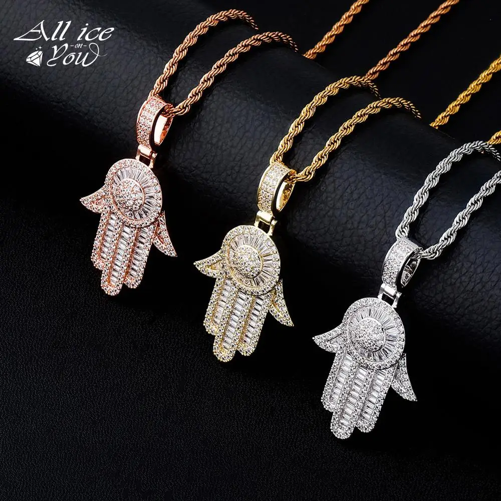 ALLICEONYOU New Silver Color Palm Iced Out Cubic Zircon The Hand Pendant&Necklace  Hip Hop Fashion Jewelry For Women Gift