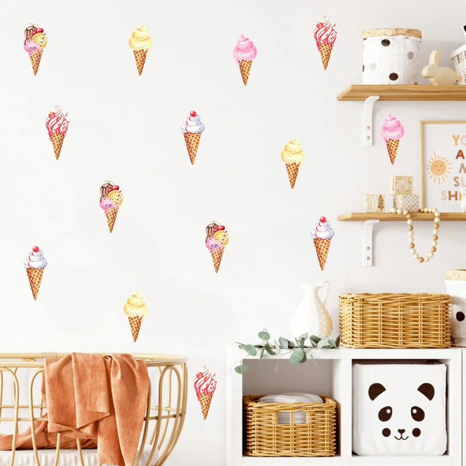 Cartoon Ice Cream Cone Watercolor Nursery Wall Decals Removable Girl Wall Stickers for Kids Room Modern Interior Home Decoration