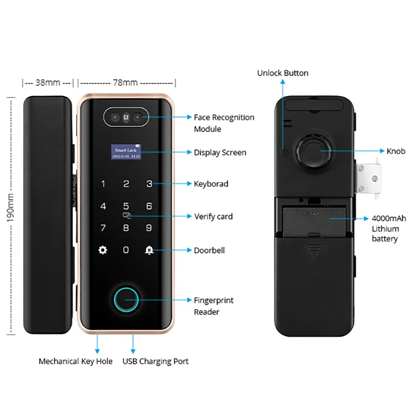 Face ID Unlock Tuya Wifi Door Lock Smart Lock For Slide Glass Door Wooden Door Key Fingerprint Lock Smart keypad Wireless Lock