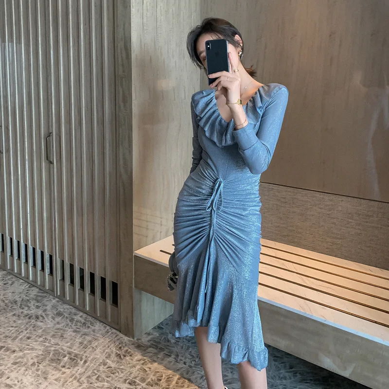 

Fashion women new arrival comfortable sexy formal trumpet dress vintage party elegant knit shining high quality mermaid dress