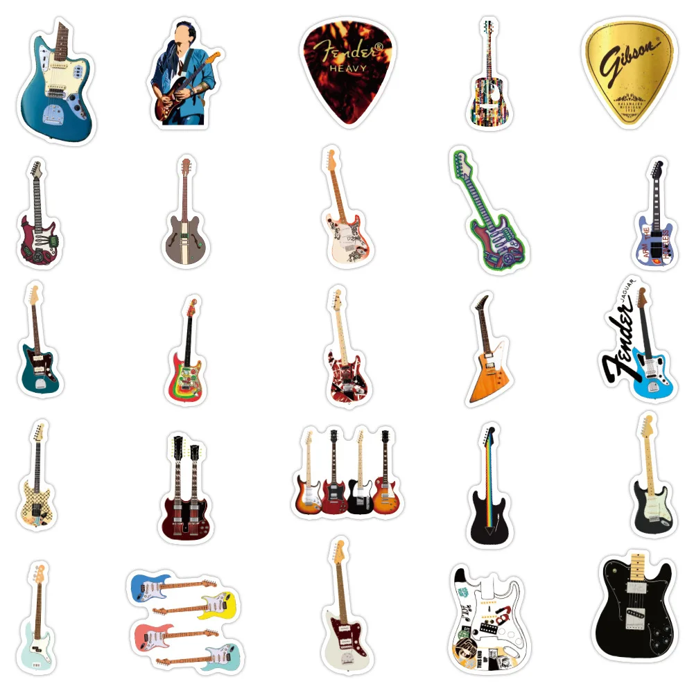 10 / 30 / 50pcs Rock Cartoon Musical Instrument Guitar Graffiti Waterproof Sticker Phone Case Refrigerator Water Cup Wholesale