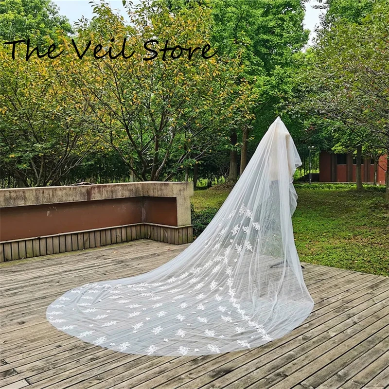 Real Photos 2 T Bridal Wedding Veils with Comb Two Layers 3 Metres Lace Appliques Blusher Cathedral Long Flowers Ivory White 3m