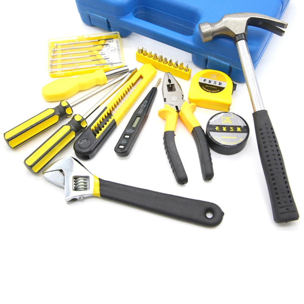 Hand Tool General Household Repair Kit with Plastic Toolbox Tape measure Pliers Wrench Screwdriver Knife Hammer