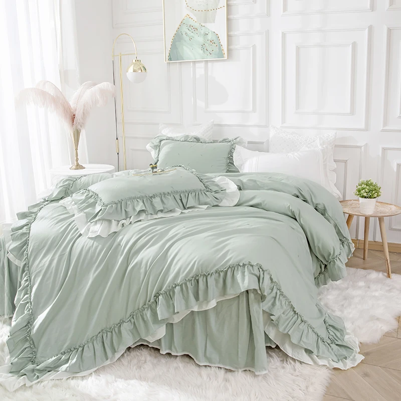 

Green Egyptian Cotton Bedding Sets Princess Double Layer Ruffles Solid Duvet Cover Bedspread Bed Skirt Pillowcases Home Textile