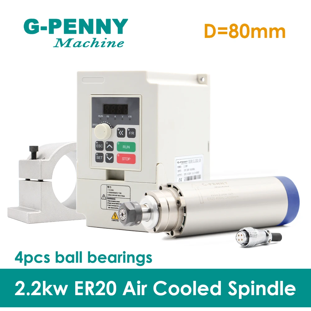 

Шпиндельный двигатель G-PENNY 2.2 кВт ER20 с воздушным охлаждением, 4 подшипника, высокочастотный, с инвертором 2.2 кВт, кронштейн из литого алюминия