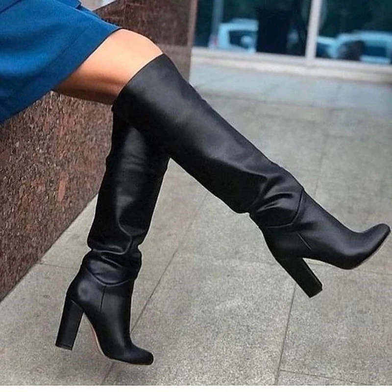 Plus Size 34-47 Women Knee High Boots Thick High Heel Woman Pointed Toe Boots Pleated Female Winter Tall Boots Runway Stage