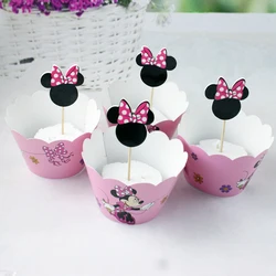 Girls Favors Minnie Mouse Theme Cupcake Wrappers Baby Shower Events Decoration Happy Birthday Party Cake Toppers 12pcs/lot