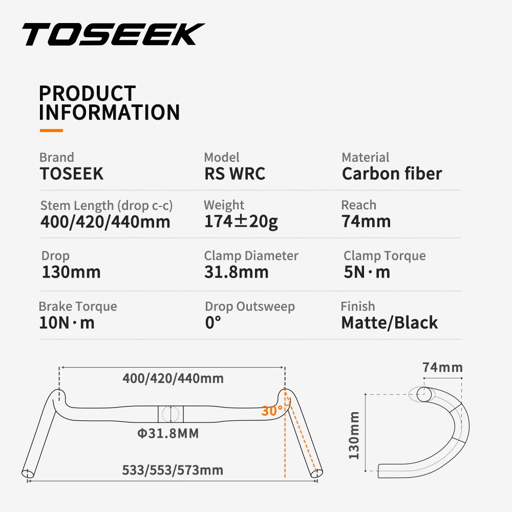 TOSEEK RS-Wrc Carbon Gravel Handlebar Exotropism Handle Bar 31.8mm Cyclocross Road Bike handlebars 400/420/440mm Matte Black