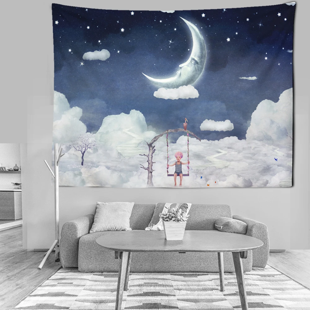 Clouds Stars Moon Tapestry  Milky Way Galaxy Theme Dramatic Super Dream Cloudscape Wall Tapestry For Children's room