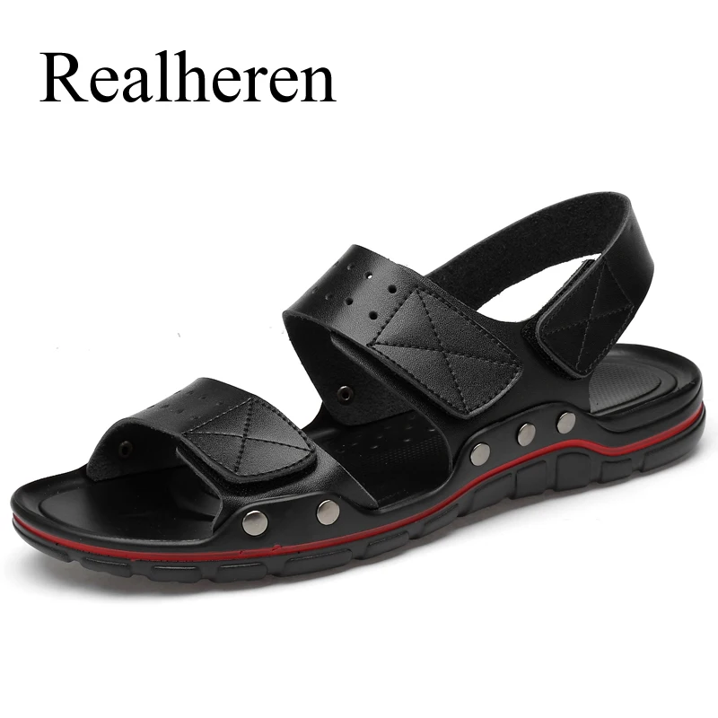 Summer Men Leather Casual Sandals Plus Size 50 Outdoor Black Walking Soft Luxury Shoes Sandalias Hombre New Fashion 2021