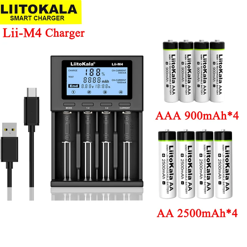 LiitoKala Lii-M4 li ion battery Charger Smart Charger Test capacity + Lii-AA AAA 1.2V NiMH 900mAh 2500mAh Rechargeable batteries