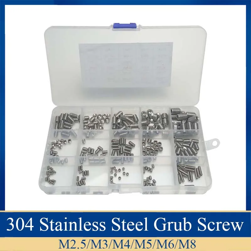 300pcs/set M2.5/3/4/5/6/M8304 Stainless Steel Metric Thread Grub Screw Flat Point Hexagon Socket Set Screws Headless Kit