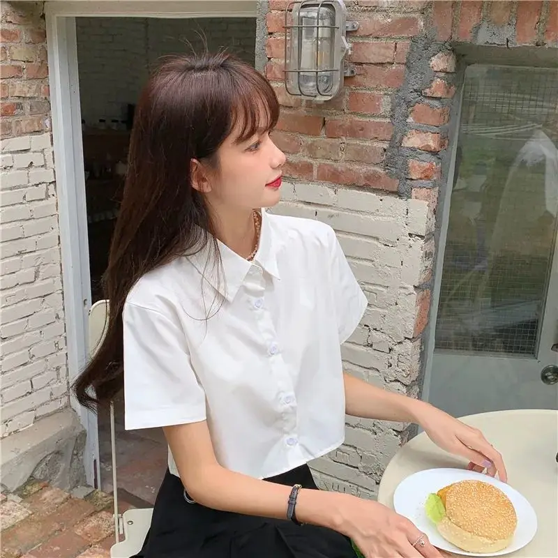 Shirts Women Turn Down Collar Preppy Style Summer Sweet Solid Casual Ins Student Female Simple All-match Streetwear Crops Tops