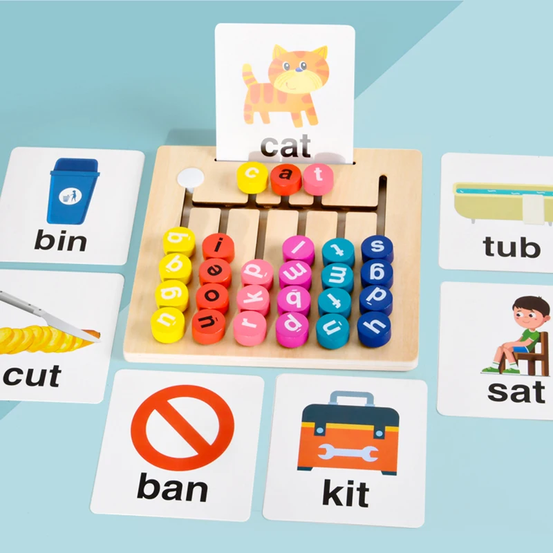 Kids Montessori Wooden Toy 26Pcs English Alphabet Letter Spelling Reference Card Use Letters Form Words Vowel Game Toys for Baby