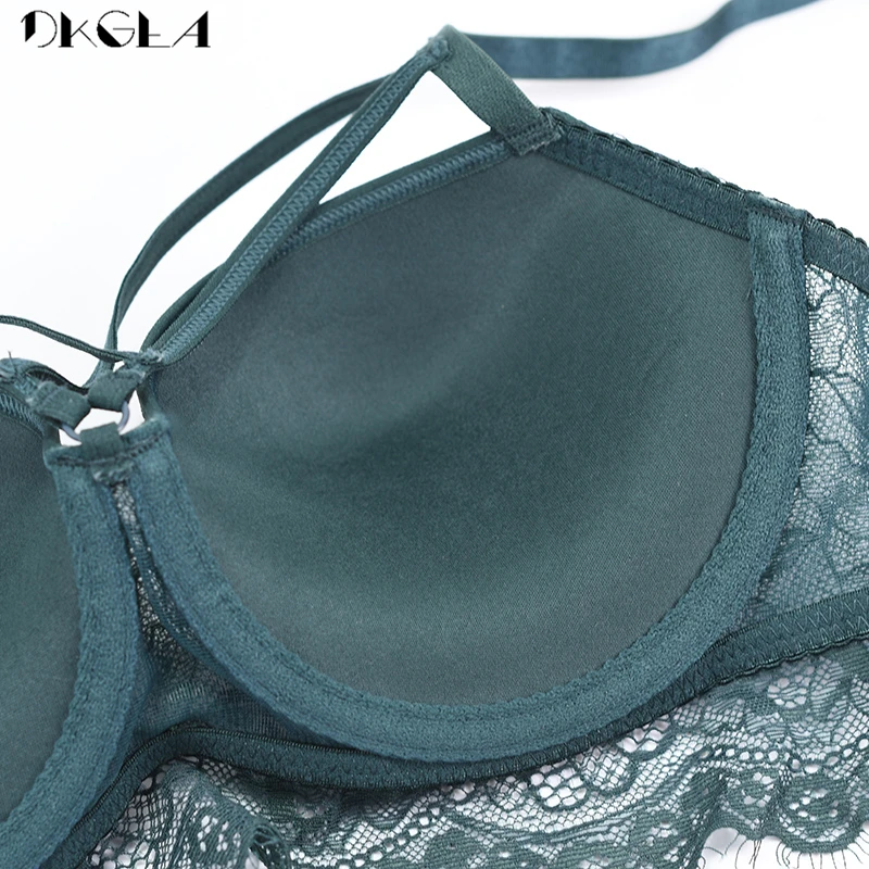 Fashion Bandage Push Up Bra Set Sexy Brassiere Green Embroidery Lace Lingerie Women Gather Underwear Sets Cotton Thick A B C Cup