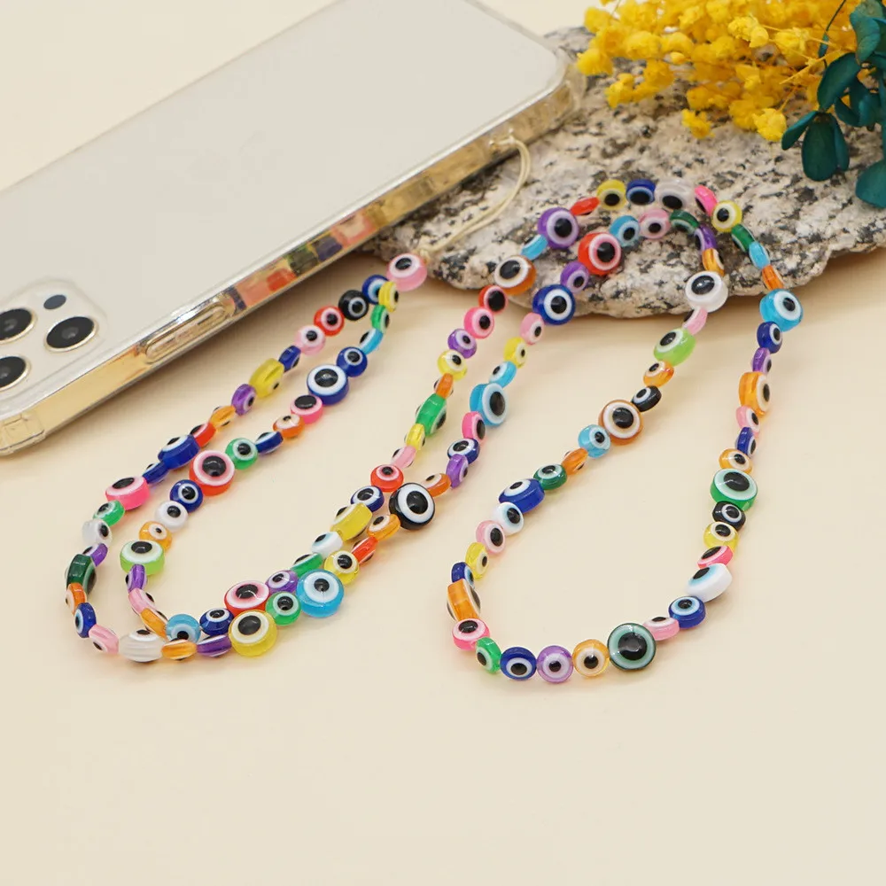 2022 New Evil Eyes Multi-color Glazed Round Beaded Long Chain for Phone Personality Mobile Phone Lanyard for Women Girls Bijoux