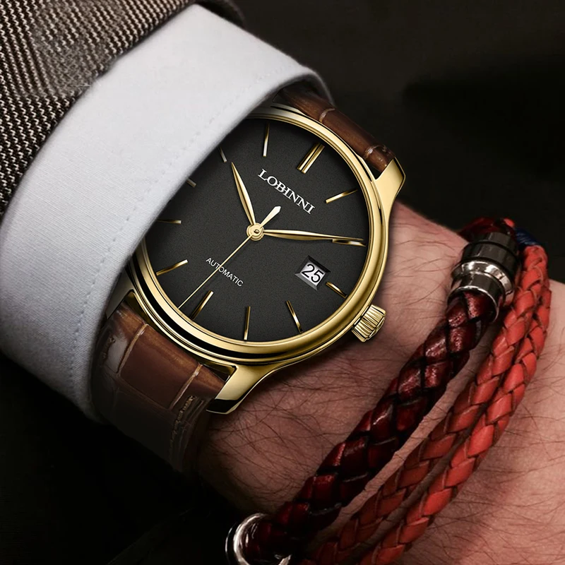 LOBINNI Nuovi orologi meccanici classici da uomo Orologio impermeabile da lavoro Orologio automatico automatico in vera pelle di marca di lusso