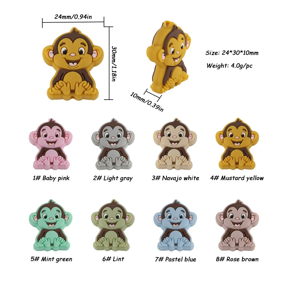Kovict-Cuentas de silicona con forma de mono de Animal, 10 piezas, cadena de chupete DIY, accesorios de joyería