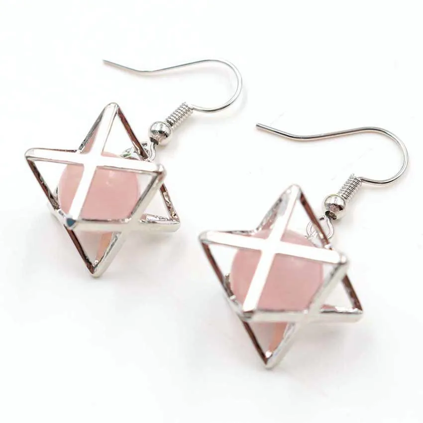 FYJS Unique Female Jewelry Silver Plated Merkaba Star Point Natural Rose Pink Quartz Drop Earrings