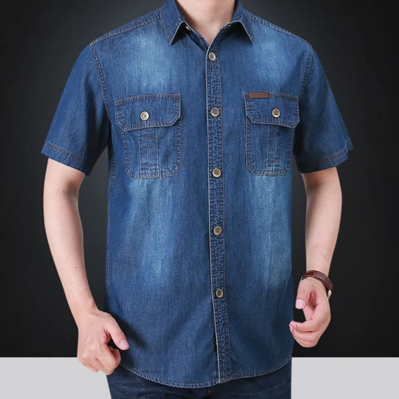 Camiseta informal con bolsillos para hombre, Camisa vaquera ajustada de manga corta, de algodón fino, de alta calidad, de verano, MY422