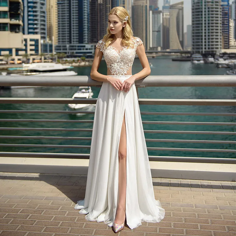 Beach Chiffon Wedding Dresses 2024 High Split O-neck Crystal Short Cap Sleeves Bridal Gowns Summer Floor Length Robe De Mariee