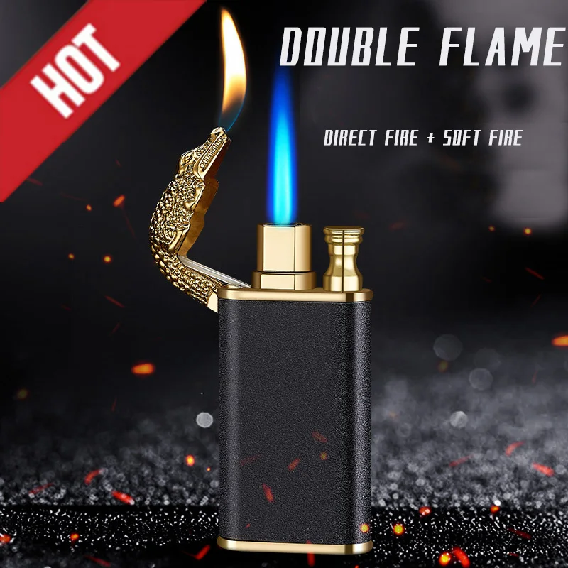 New Blue Flame Metal Crocodile Dolphin Double Fire lighter creative Direct Windproof Open Fire Conversion Lighter, Man\'s Gift