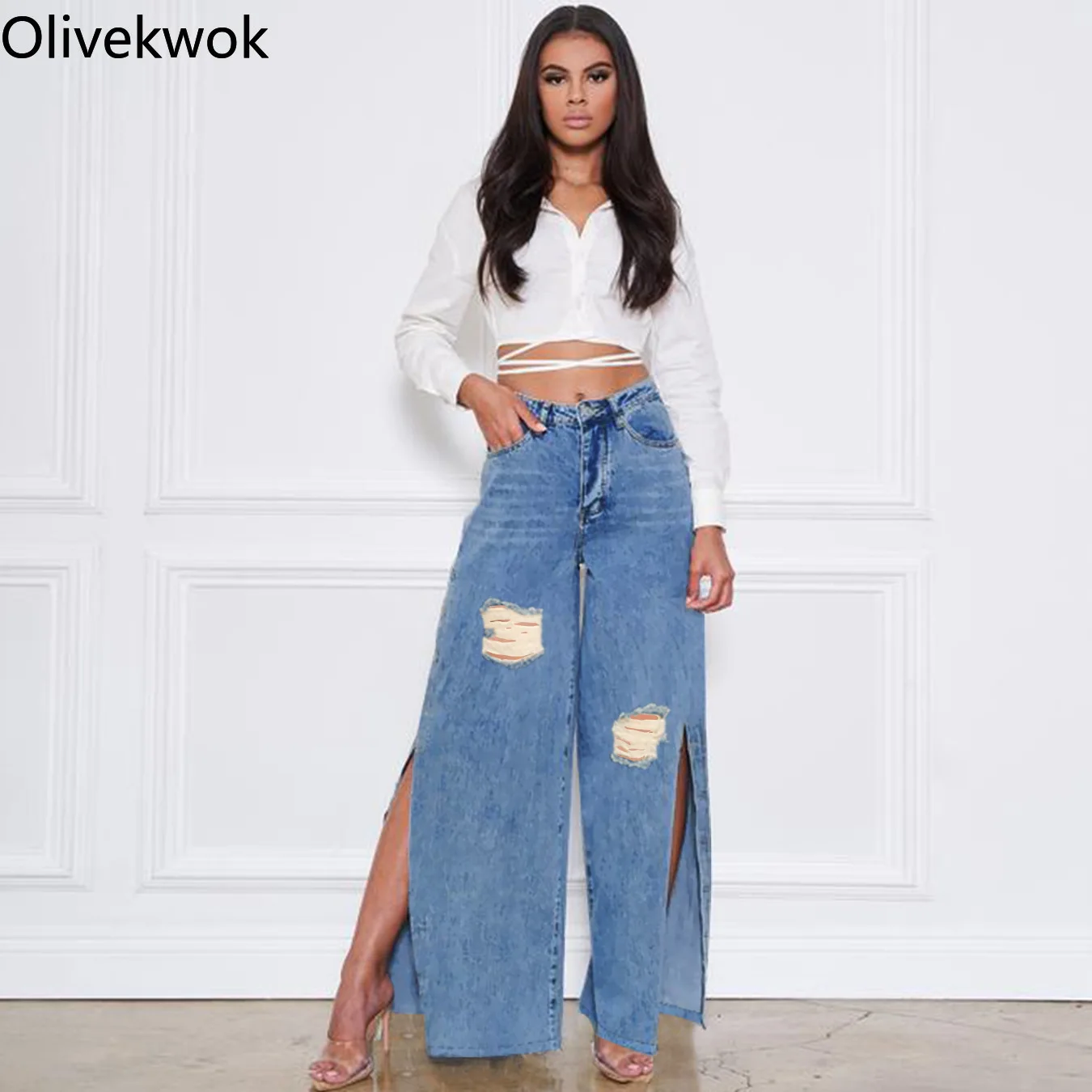 Olivekwok 2021 Woman Autumn/spring  Fashion Pants Solid Sexy Split Hollow Out  Casual  Pockets  Straight   Denim Jeans