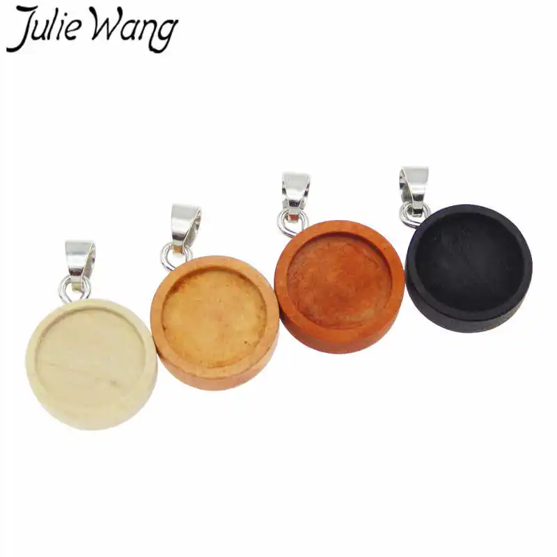 Julie Wang 4PCS Wood Round Cabochon Base Settings With Hooks Charms Blank Bezel Tray Jewelry Making Accessory Inner Size 12mm