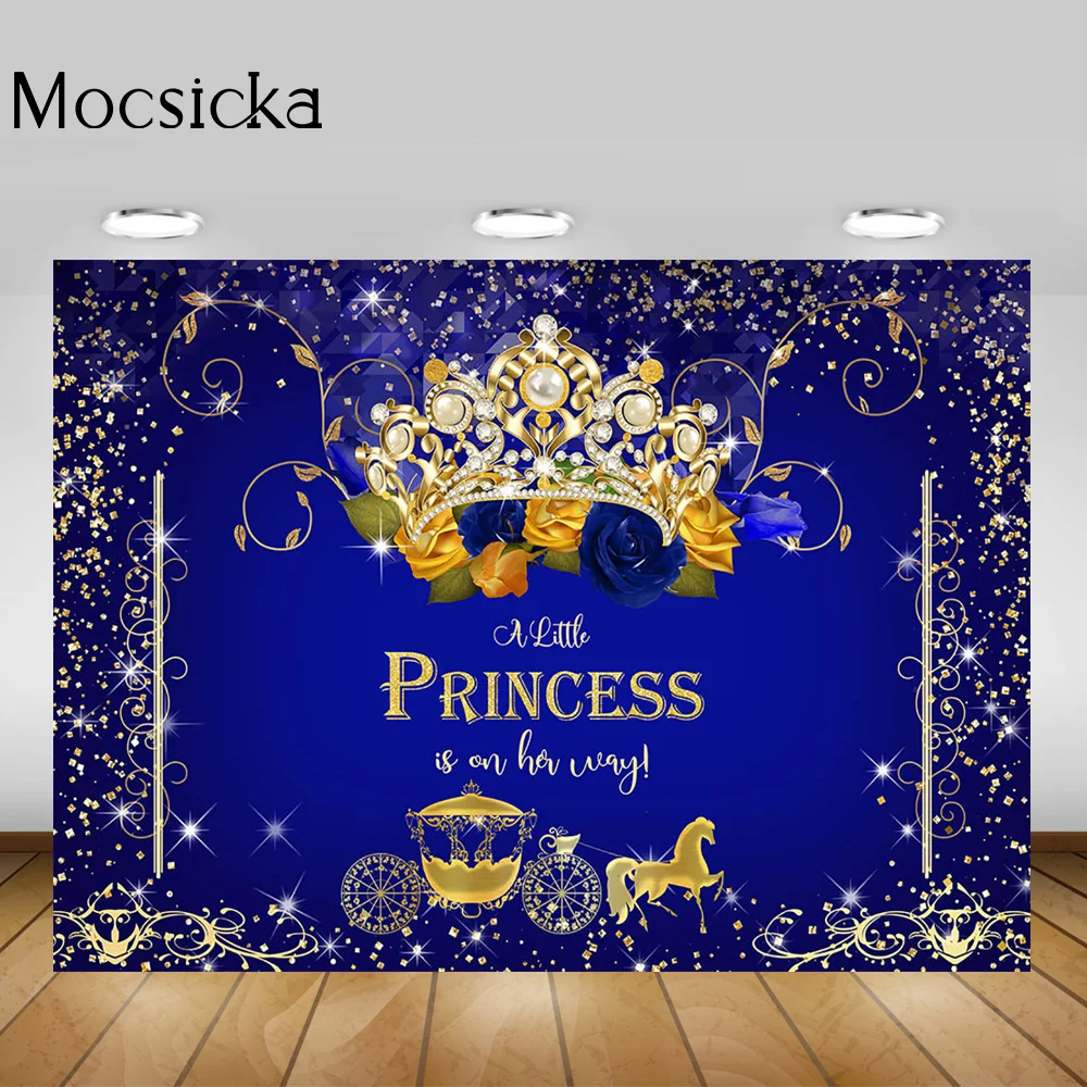 Royal Blue Princess Baby Shower Background Floral Golden Crown Carriage Backdrop Newborn Party Decorations Shiny Points Photo