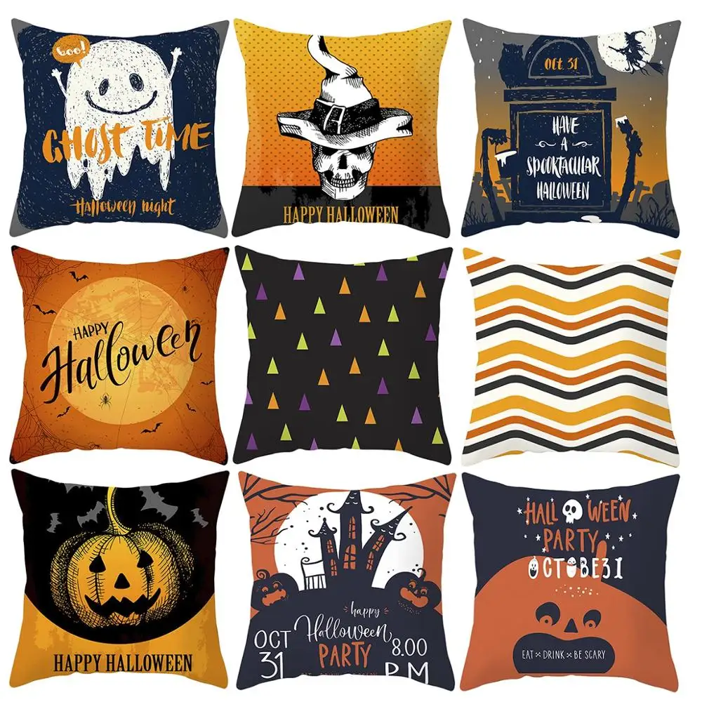 Funda de cojín de Halloween de 45x45cm, decoración de calabaza, murciélago, mago, fantasma, para el hogar, adorno de almohada, regalo de fiesta de